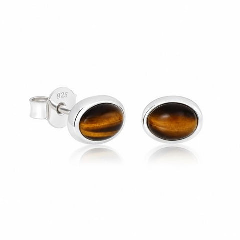 Zilveren oorknopjes met ovaal geslepen edelstenen - 925 zilver - 7 x 5 mm · Tijgeroog