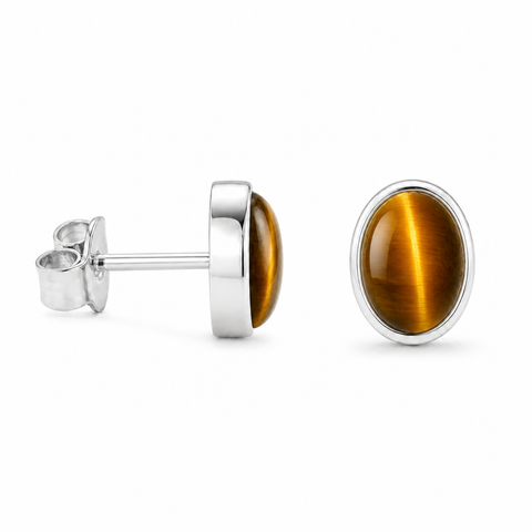 Zilveren oorknopjes met ovaal in kap gezette edelsteen - 925 zilver - 7 x 5 mm · Tijgeroog