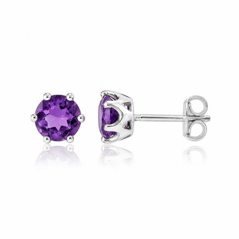Zilveren oorknopjes met rond gefacetteerde edelstenen - 925 zilver - 6 mm · Amethist