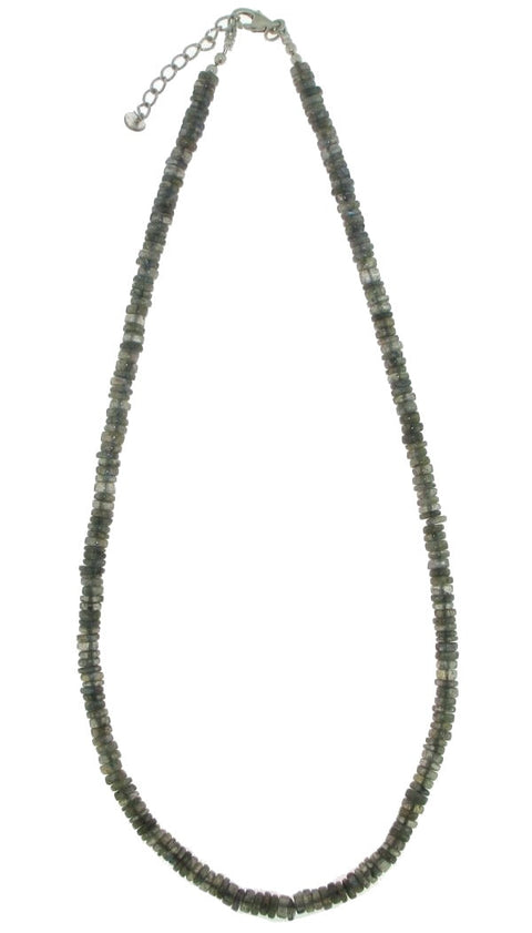 Zilveren collier met plat schijfvormig geslepen edelsteen - 925 zilver - 5 mm · Labradoriet