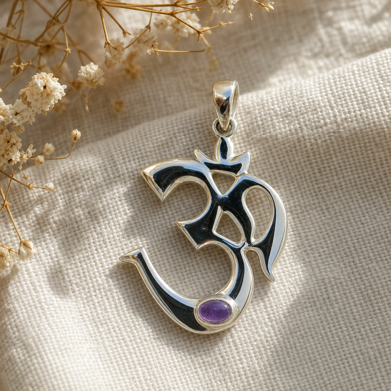 Zilveren Aum hanger met Amethist edelsteen · Amethist · flatlay · steen:amethist