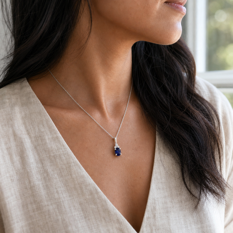 Zilveren hanger met ovaal geslepen in klauwzetting edelsteen · Diamant 6 X 4 Mm · gedragen · steen:diamant-6-x-4-mm