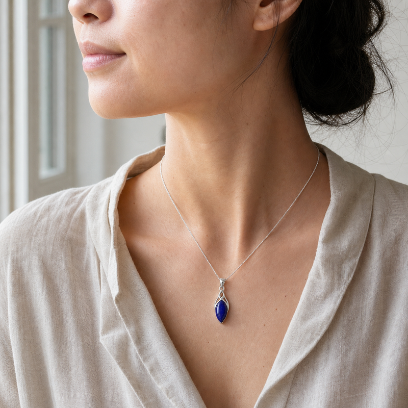 Gedragen: zilveren hanger met Lapis Lazuli edelsteen · steen:lapis-lazuli