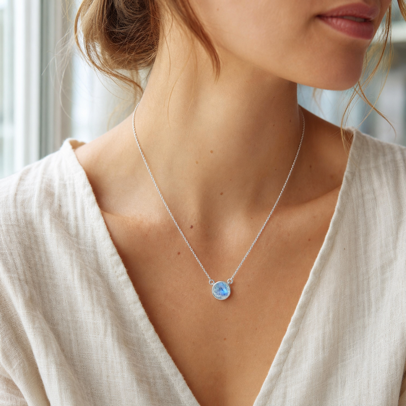 Gouden collier met Regenboog Maansteen edelsteen · Regenboog Maansteen · gedragen · steen:regenboog-maansteen