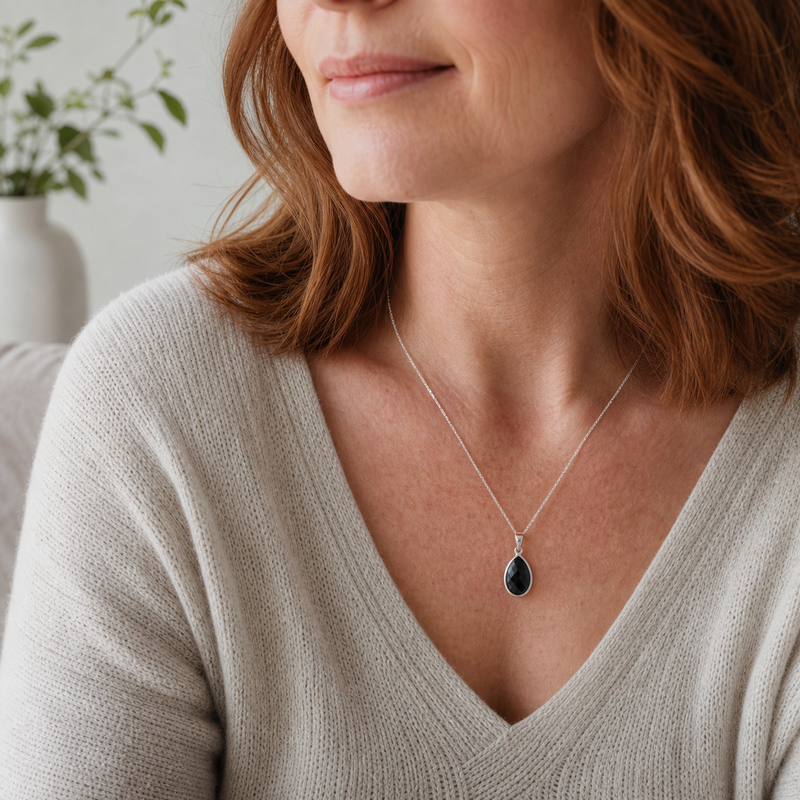 Zilveren hanger met druppelvormig in kap gezette edelsteen 6 · Onyx · gedragen close-up · steen:onyx