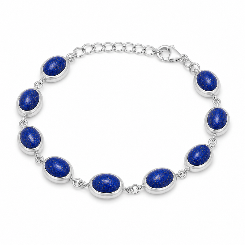 Zilveren armband met ovaal in kap gezette edelstenen · Lapis Lazuli · detail · steen:lapis-lazuli