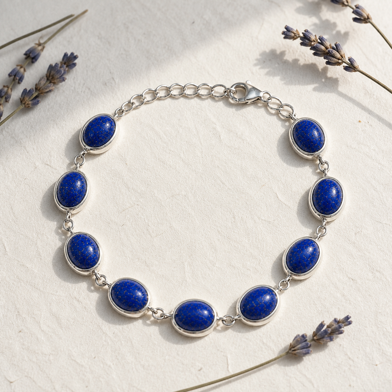 Zilveren armband met ovaal in kap gezette edelstenen · Lapis Lazuli · sfeerbeeld · steen:lapis-lazuli