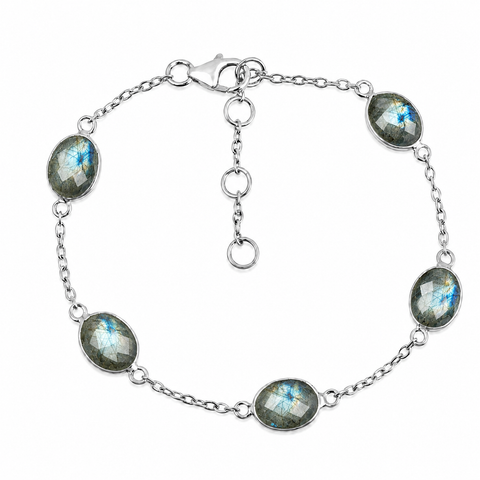 Zilveren armband met ovaal gefacetteerd in kap gezette edelsteen - 925 zilver · Labradoriet