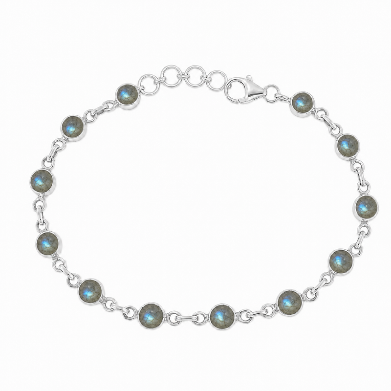 Zilveren armband met rond geslepen in kap gezette edelsteen - 925 zilver - 5 mm · Labradoriet · productfoto · steen:labradoriet