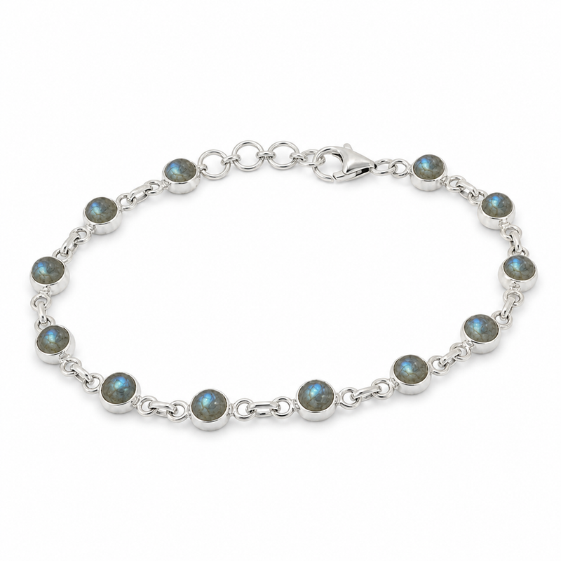 Zilveren armband met rond geslepen in kap gezette edelsteen - 925 zilver - 5 mm · Labradoriet · detail · steen:labradoriet
