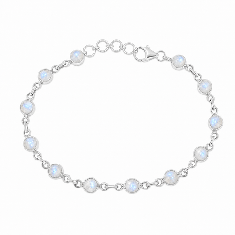 Zilveren armband met rond geslepen in kap gezette edelsteen - 925 zilver - 5 mm · Regenboog Maansteen