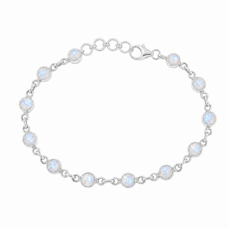 Zilveren armband met rond geslepen in kap gezette edelsteen - 925 zilver - 5 mm · Regenboog Maansteen · productfoto · steen:regenboog-maansteen