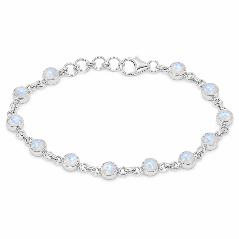 Zilveren armband met rond geslepen in kap gezette edelsteen - 925 zilver - 5 mm · Regenboog Maansteen · detail · steen:regenboog-maansteen