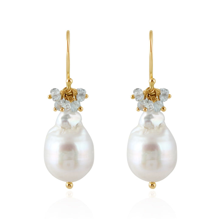 Gouden oorhangers met edelstenen en zoetwater parel - 14 karaat - 18 x 12 mm