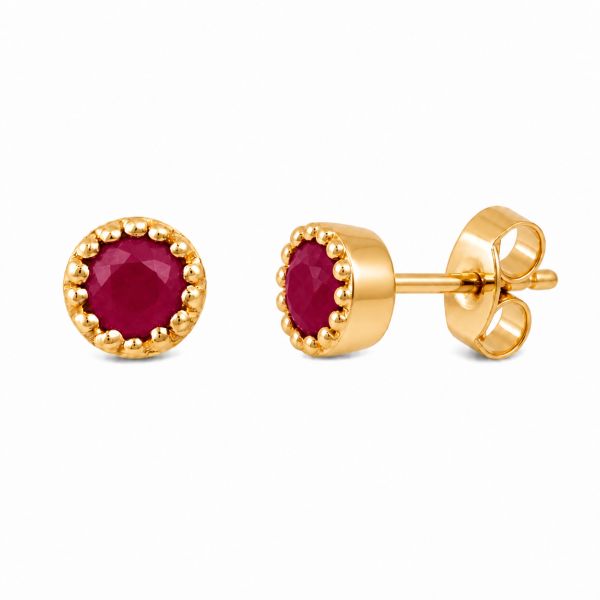 Gouden oorstekers met rond gefacetteerde edelstenen - 14 karaat - 3 mm · Robijn · productfoto · steen:robijn