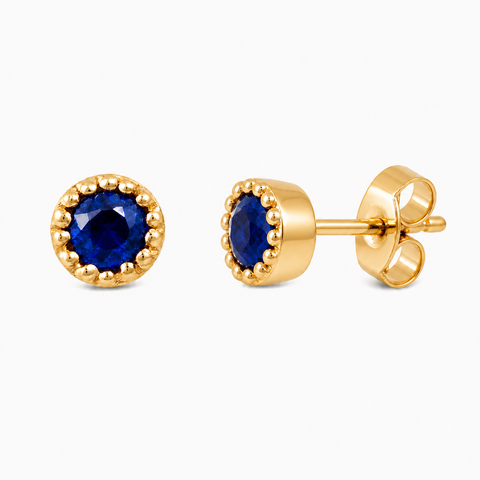 Oorstekers met rond met parelrand gezette edelsteen, gefacetteerd - goldplated zilver - 3 mm · Saffier
