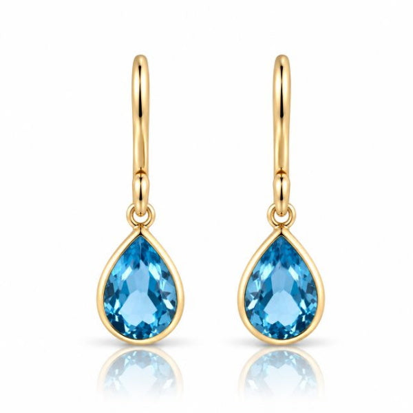 Gouden oorhangers met druppelvormige facet geslepen edelstenen - 14 karaat - 7 x 5 mm · Blauwe Topaas · productfoto · steen:blauwe-topaas