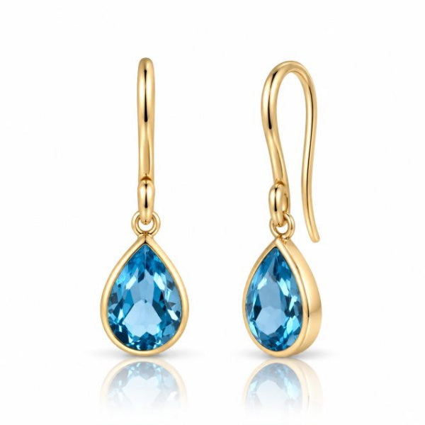Gouden oorhangers met druppelvormige facet geslepen edelstenen - 14 karaat - 7 x 5 mm · Blauwe Topaas · productfoto · steen:blauwe-topaas