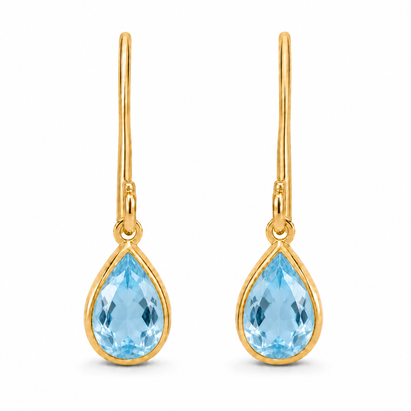 Gouden oorhangers met Labradoriet edelstenen · Blauwe Topaas · detail · steen:blauwe-topaas