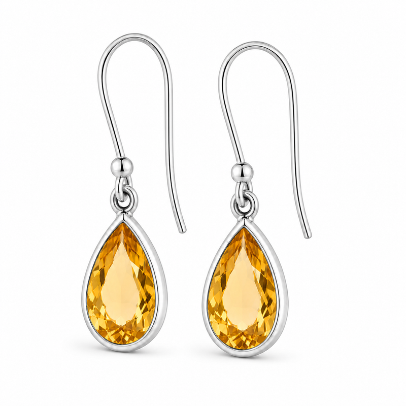 Zilveren oorhanger met druppelvormig edelsteen, gefacetteerd - 925 zilver - 28 x 8 mm · Citrien · detail · steen:citrien
