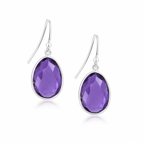 Zilveren oorhangers met druppelvormige gefacetteerde edelstenen - 925 zilver - 30 x 14 mm · Amethist