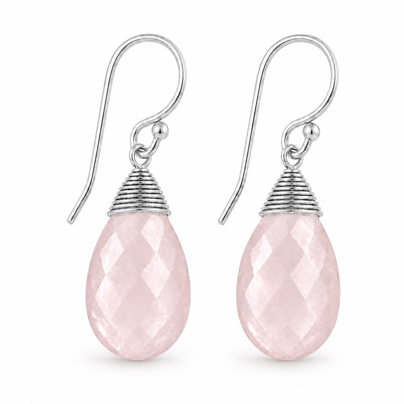 Zilveren oorhangers met druppelvormig in kap gezette edelsteen, gefacetteerd - 925 zilver - 14 x 10 mm · Rozenkwarts · detail · steen:rozenkwarts