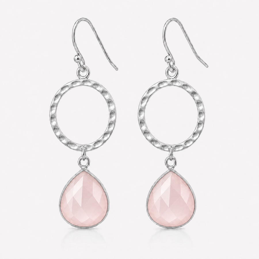 Zilveren oorhangers met druppelvormig in kap gezette edelsteen - 925 zilver - 12 x 12 mm · Rozenkwarts · productfoto · steen:rozenkwarts