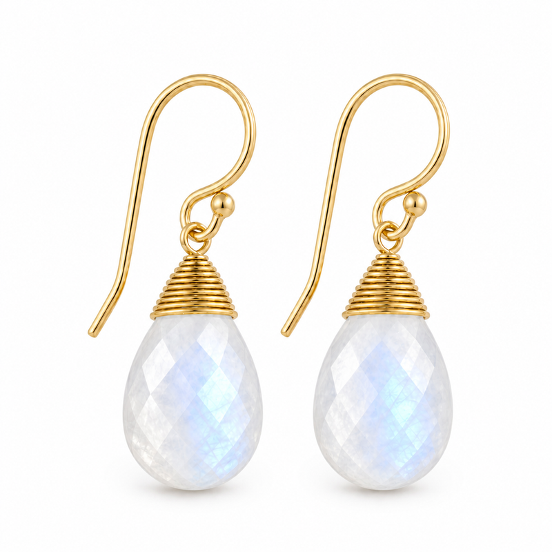 Oorhangers met edelsteen, gefacetteerd - goldplated zilver - 30 x 14 mm · Regenboog Maansteen · detail · steen:regenboog-maansteen