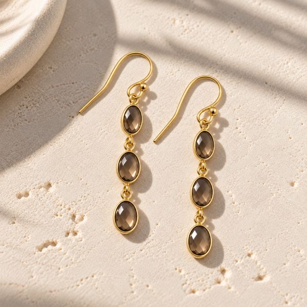 Goldplated oorhangers met ovale gefacetteerde edelstenen - 925 zilver verguld - 45 x 7 mm · Rookkwarts · productfoto · steen:rookkwarts