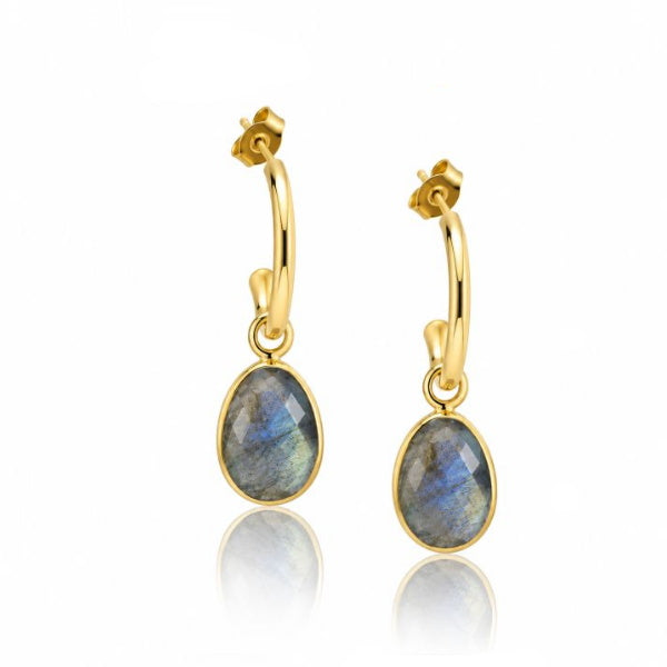 Goldplated creolen met gefaceteerde edelstenen - goldplated zilver - 12 x 8 mm