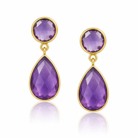 Goldplated oorstekers met rond en druppelvormig gefacetteerde edelstenen - goldplated 925 zilver - 8 mm · Amethist