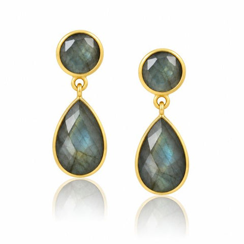 Goldplated oorstekers met rond en druppelvormig gefacetteerde edelstenen - goldplated 925 zilver - 8 mm · Labradoriet