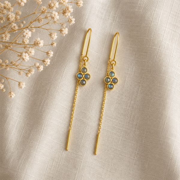 Goldplated doortrek oorhangers met gefacetteerde edelstenen - goldplated zilver - 3 mm · Labradoriet · sfeerbeeld · steen:labradoriet