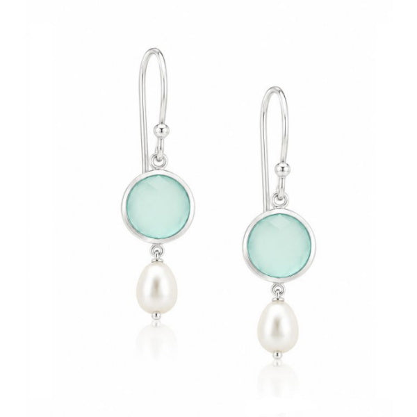 Zilveren oorhangers met ronde edelstenen en parel - 925 zilver - 8 mm · Chalcedoon & Parel · productfoto · steen:chalcedoon-parel