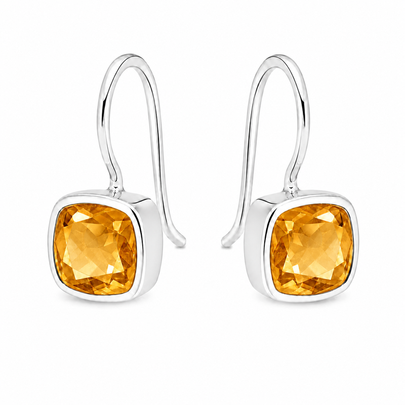 Zilveren oorhangers met in kap gezette kussen geslepen edelsteen, gefacetteerd - 925 zilver - 7 mm · Citrien · productfoto · steen:citrien