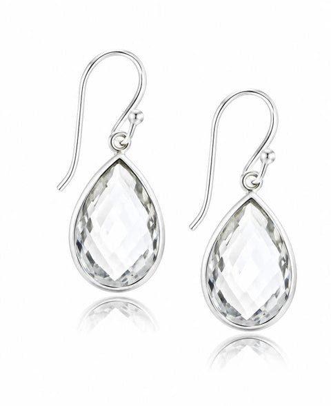 Zilveren oorhangers met gefacetteerde druppelvormig in kap gezette edelsteen - 925 zilver - 30 x 11 mm · Bergkristal