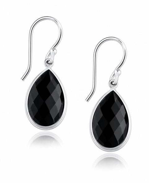 Zilveren oorhangers met gefacetteerde druppelvormig in kap gezette edelsteen - 925 zilver - 30 x 11 mm · Onyx