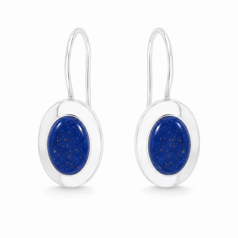 Zilveren oorhangers met ovaal in kap gezette edelsteen - 925 zilver - 21 x 10 mm · Lapis Lazuli