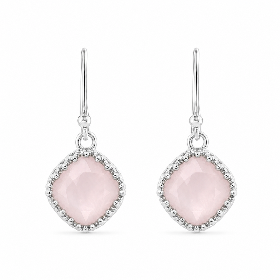 Zilveren oorhangers met Regenboog Maansteen edelstenen · Rozenkwarts · studiofoto · steen:rozenkwarts