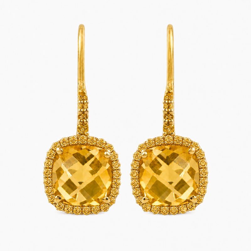 Zilveren oorhangers met kussen geslepen klauwgezet en rond gefacetteerde edelsteen - 925 zilver - 8 mm · Citrien · productfoto · steen:citrien