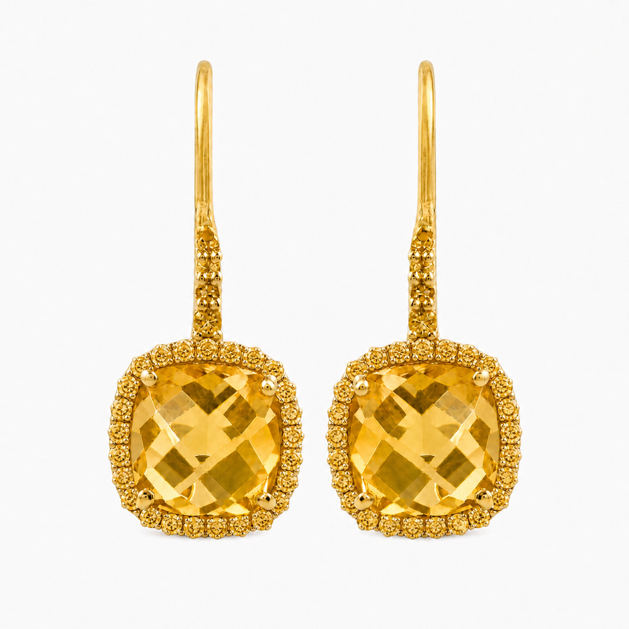 Zilveren oorhangers met kussen geslepen klauwgezet en rond gefacetteerde edelsteen - 925 zilver - 8 mm · Citrien · productfoto · steen:citrien