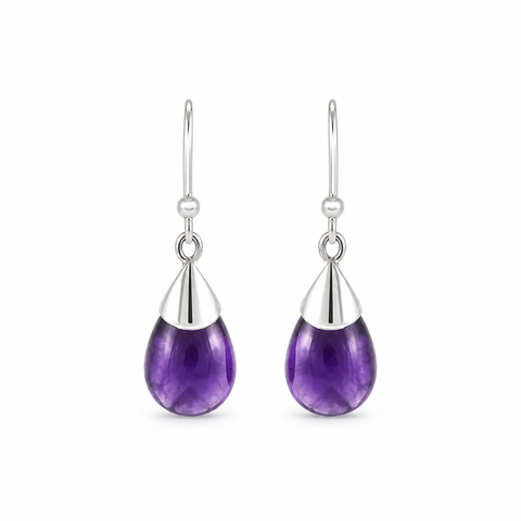Zilveren oorhangers met druppelvormige in kap gezette edelsteen - 925 zilver - 30 x 10 mm · Amethist
