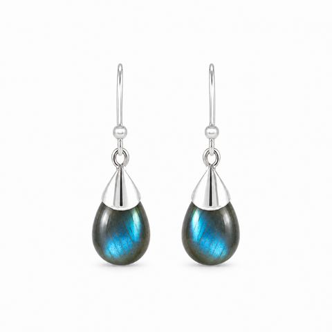 Zilveren oorhangers met druppelvormige in kap gezette edelsteen - 925 zilver - 30 x 10 mm · Labradoriet