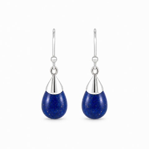 Zilveren oorhangers met druppelvormige in kap gezette edelsteen - 925 zilver - 30 x 10 mm · Lapis Lazuli