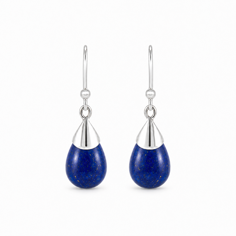 Zilveren oorhangers met druppelvormige in kap gezette edelsteen - 925 zilver - 30 x 10 mm · Lapis Lazuli · productfoto · steen:lapis-lazuli