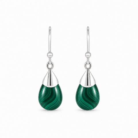 Zilveren oorhangers met druppelvormige in kap gezette edelsteen - 925 zilver - 30 x 10 mm · Malachiet