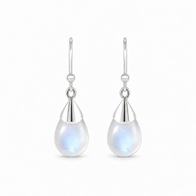 Zilveren oorhangers met druppelvormige in kap gezette edelsteen - 925 zilver - 30 x 10 mm · Regenboog Maansteen · productfoto · steen:regenboog-maansteen