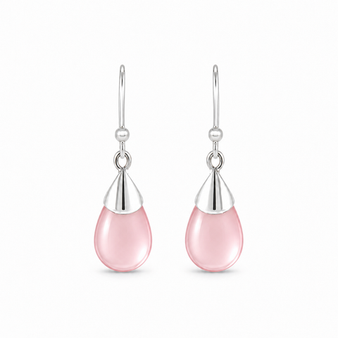 Zilveren oorhangers met druppelvormige in kap gezette edelsteen - 925 zilver - 30 x 10 mm · Rozenkwarts