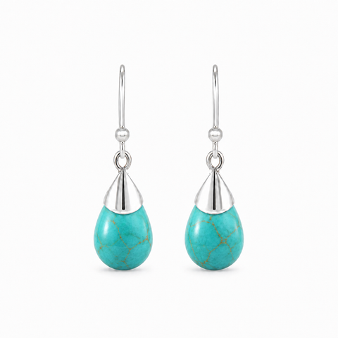 Zilveren oorhangers met druppelvormige in kap gezette edelsteen - 925 zilver - 30 x 10 mm · Turkoois