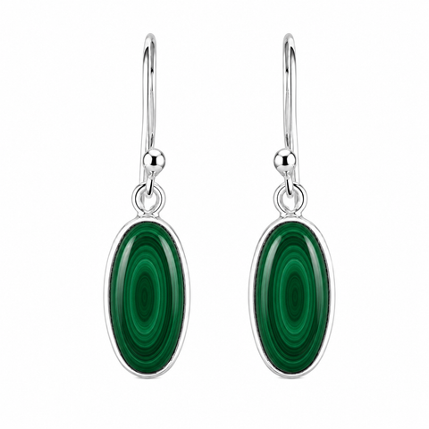 Zilveren oorhangers met ovaal kapgezet edelsteen - 925 zilver - 14 x 8 mm · Malachiet